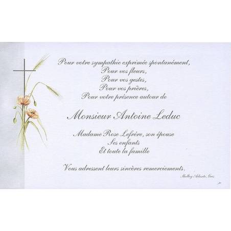 Carte remerciement décès coquelicots, épis de blé et croix catholique Buromac 670.090